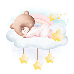 Watercolor illustration cute baby teddy bear sleeping on the cloud