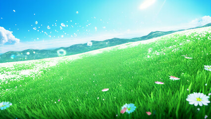 Green field with panoramic view, spring time concept, digital art. Generative AI