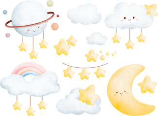 Watercolor illustration set of nursery elements
