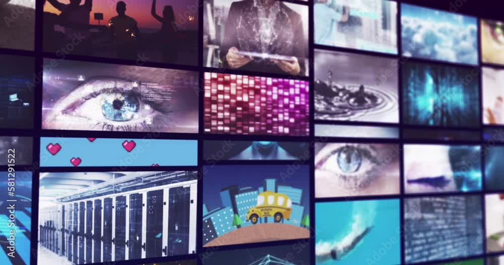 Poster animation of multiple screens with data processing against blue background
