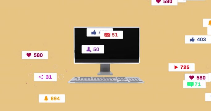Animation of multiple social media networking icons over desktop computer on beige background
