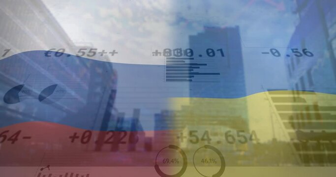 Animation of flags of russia and ukraine over data processing and cityscape