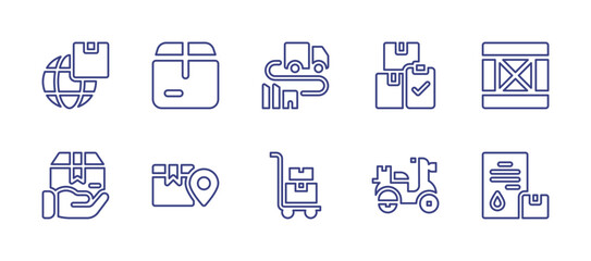 Logistics line icon set. Editable stroke. Vector illustration. Containing worldwide shipping, box, distribution, verification, wooden box, logistics, trolley, delivery.