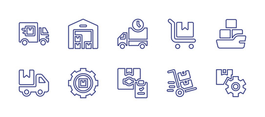 Logistics line icon set. Editable stroke. Vector illustration. Containing logistics, warehouse, delivery truck, trolley, ship, logistics delivery, settings.