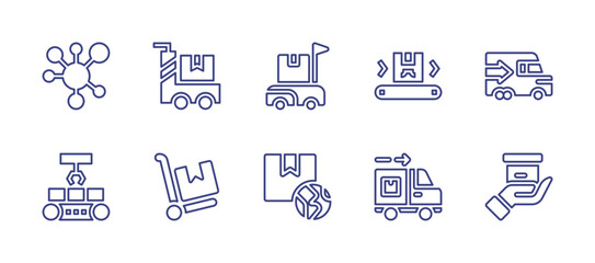 Logistics line icon set. Editable stroke. Vector illustration. Containing distribution, trolley, delivery box, logistics, fast delivery, logistic, delivery truck.