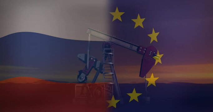 Animation of flags of russia and eu over oil pump
