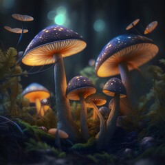 Digital Illustration of a Magical Fantasy Glowing Mushrooms in a Forest Setting. Concept Illustration, Magic Mystery and the Unknown. Made in part with generative AI.
