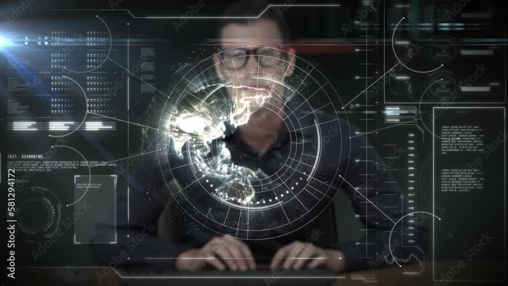 Aufkleber animation of data processing over globe and caucasian businessman using computer