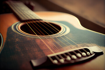 Fototapeta premium Awesome Close up shot photo of classic acoustic guitar with filter effect retro vintage style. Generative Ai