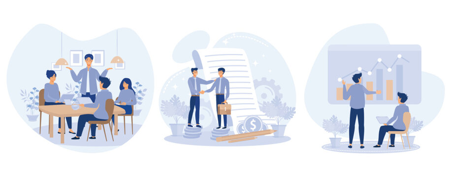 Venture funding, Diverse business people meeting in office, partners signing contract, making deal, economic analyst, set flat vector modern illustration