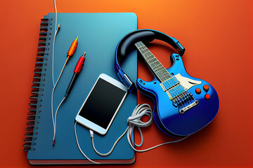 Naklejka premium Guitar with headphones smartphones and notebook on blue background. Generative Ai