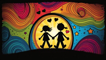 Children's Day Kids Celebration: A colorful background with children holding hands and smiling , Beautiful Colorful Artistic Designer Background Design Template (generative AI)