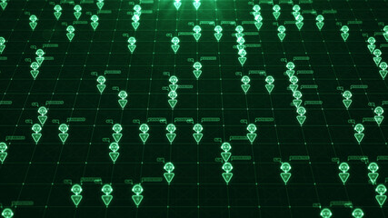 AI chatbot technology concept Intelligent assistant in information search and automatic response via computer system. Several small chatting robot icons are scattered over a green background.