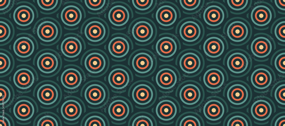 Poster Retro seamless pattern. Vintage concentric circles background. Repeated abstract geometric texture in 70s or 80s style. Colourful fabric and textile design. Vector wallpaper. 