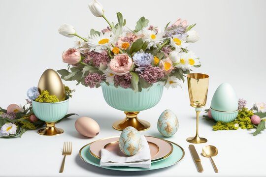 easter table setting with flowers
