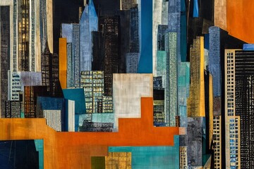 cityscape paper collage, mixed media paper cutoff