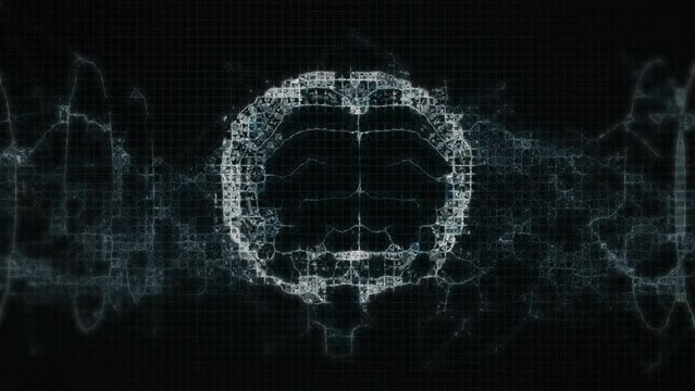 Animation of digital brain and shapes moving on black background