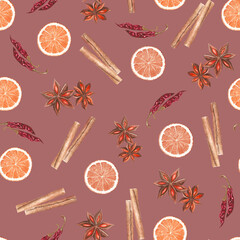 Kitchen herbs and spices Cinnamon sticks anise stars orange slices.  seamless watercolor illustration