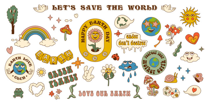 Retro earth cartoon character planet stickers in trendy retro cartoon style. Sticker pack for Earth or World Environment Day. Funny vector illustration of planet Earth. Eco green labels or badges.