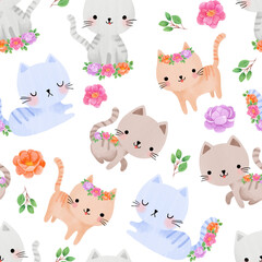  seamless digital art  illustration cats with floral concept for kids used for background texture, wrapping paper, textile greeting card template or wallpaper design