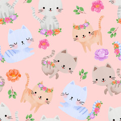  seamless digital art  illustration cats with floral concept for kids used for background texture, wrapping paper, textile greeting card template or wallpaper design