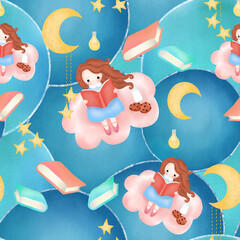 Obraz premium seamless digital art illustration little girl read a book on cloud with moon star on circle background for texture, wrapping paper, textile card wallpaper fairytail concept