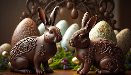 Beautiful Colorful Artistic Designer Easter Chocolate rabbits wallpaper for Desktop Background or Digital Device, Holiday Celebration of Happiness, Joy, Cheerfulness generative AI