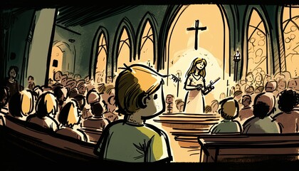 Beautiful Colorful Artistic Designer Easter Church service Hand Drawn by Kid for Desktop Background or Digital Device, Holiday Celebration of Happiness, Joy, Cheerfulness generative AI