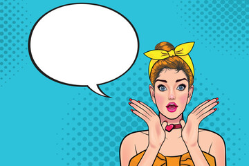 Pop art portrait of sexy blonde woman with speech bubble. Vintage Hollywood movie poster with wow woman. Vector illustration.