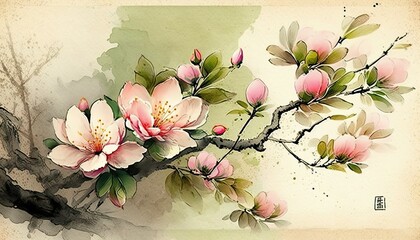 Beautiful Colorful Artistic Designer Easter Spring flowers Chinese Brush Painting for Desktop Background or Digital Device, Holiday Celebration of Happiness, Joy, Cheerfulness generative AI