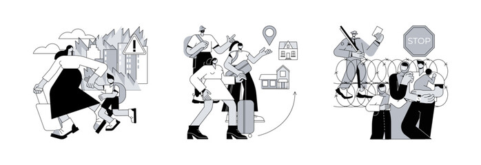 Moving abroad abstract concept vector illustration set. Forced displacement, resettlement of persons, frontier migration, refugee camp, border patrol control, immigrant abstract metaphor.