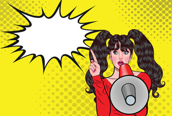 Pop art surprised girl with megaphone saying something and riding female finger to loudspeaker. Advertising poster with woman announcing a discount or sale.