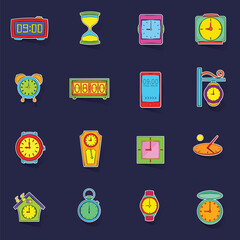 Time and Clock icons set stikers collection vector with shadow on purple background