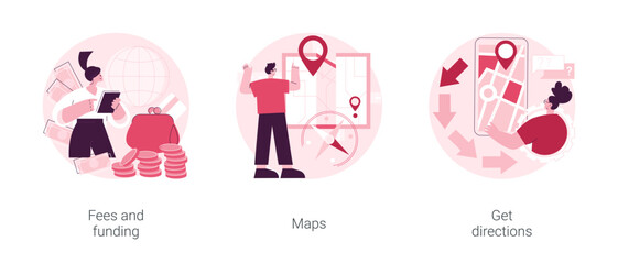 Company page information abstract concept vector illustration set. Fees and funding, maps, get directions, service cost, subscription fees, online navigation, contact us page abstract metaphor.