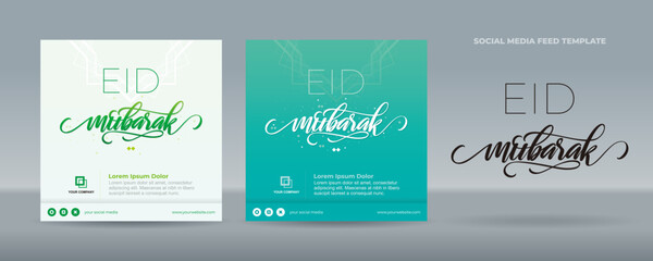 Handwritten Eid Mubarak greetings on blue green and light green and mandala ornament background - Flat design template for social media feed post