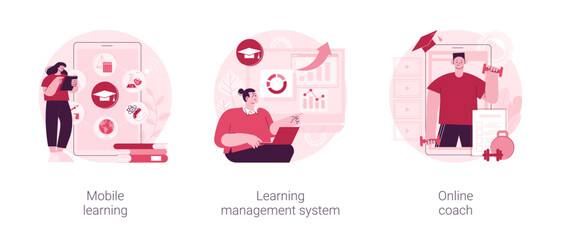 Learning management system abstract concept vector illustration set. Mobile learning application, online coach, software application, training course, tutor program classroom access abstract metaphor.