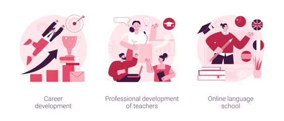 Successful career path abstract concept vector illustration set. Career development, professional development of teachers, online language school, job responsibility, conference abstract metaphor.