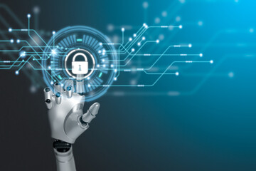 Robot hand touching virtual screen for login security, protection against online threats and hackers with ai, login authentication.