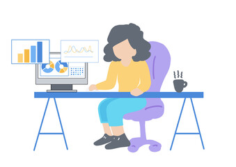 flat design woman working data analytics business and finance chart on computer. marketing planning on computer. data visualization and dashboard concept.