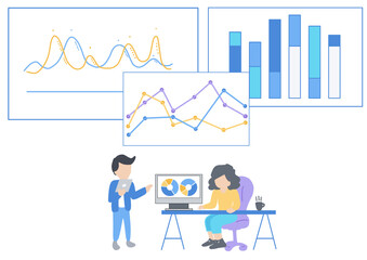 flat design woman working data analytics business and finance chart on computer. marketing planning on computer. data visualization and dashboard concept.