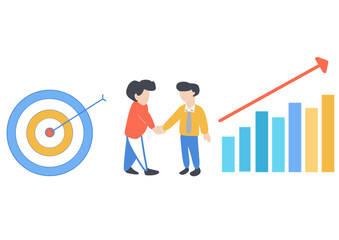 flat design businessman shake hands and congratulations with employee who work successfully. data analytics and marketing planning. goal and success concept.