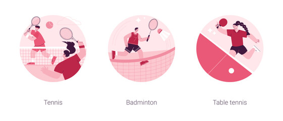 Racket sport abstract concept vector illustration set. Tennis and badminton, table tennis, professional player, club training, ping pong game, professional player, sportswear abstract metaphor.