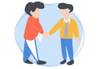 flat design businessman shake hands and congratulations with employee who work successfully. data analytics and marketing planning. goal and success concept.