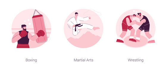 Combat sport abstract concept vector illustration set. Boxing, martial arts, wrestling training, boxer glove and ring, fight club, karate class, self-defense, professional fighter abstract metaphor.