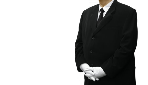 professional service worker in black suits wearing white gloves standing.
