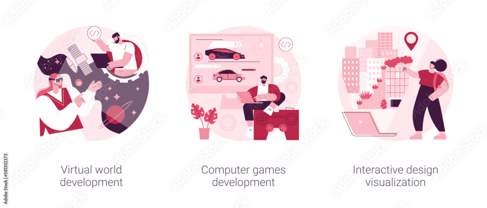 Poster web programming abstract concept vector illustration set. virtual world and computer games developme