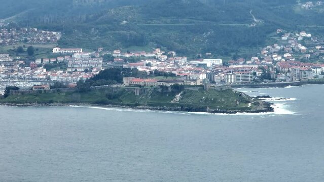 Aerial Shot Of Puerto De La Cruz Beautiful Waterfront Parador de Baiona, Vigo, Galicia, Spain