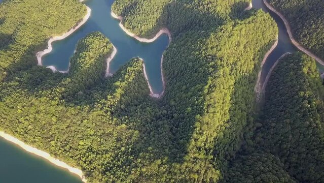 Aerial thousand island lake pattern in man-made Xinanjiang Reservoir