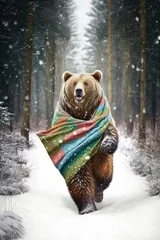 Foto op Aluminium A Beautiful Cheerful Funny Encounter in a Winter Wonderland: A Bear Animal in a Long Colorful Scarf Races in Beautifully Snowy Serene Glacial Pine Forest (generative AI) © Christine
