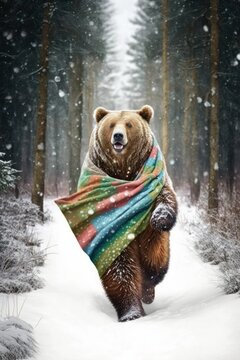 A Beautiful Cheerful Funny Encounter in a Winter Wonderland: A Bear Animal in a Long Colorful Scarf Races in Beautifully Snowy Serene Glacial Pine Forest (generative AI)